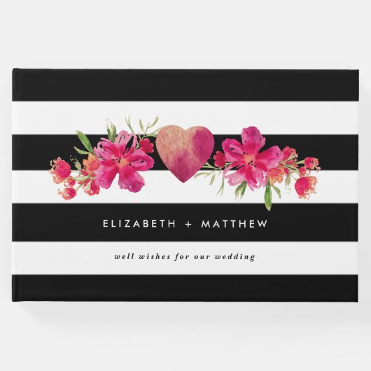 白黒ストライプ明るい赤紫色フローラ結婚 ゲストブック (正面)