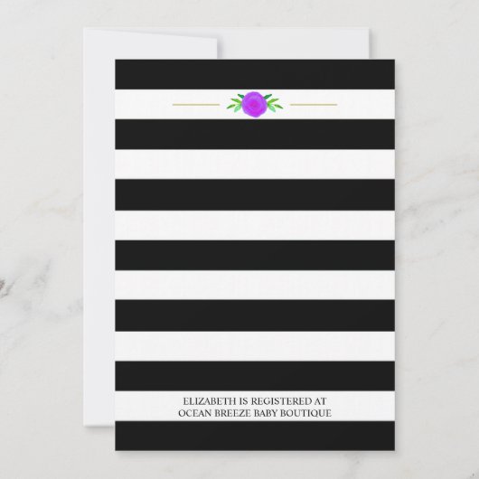白黒ストライプ水カラーフローラベビーシャワー 招待状 (裏面)