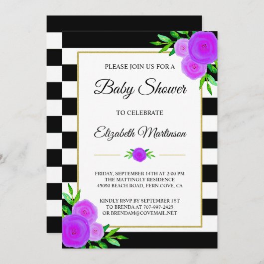 白黒ストライプ水カラーフローラベビーシャワー 招待状 (正面/裏面)