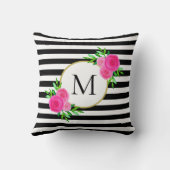 白黒ストライプ水彩ピンクフローラモノグラム クッション (裏面)