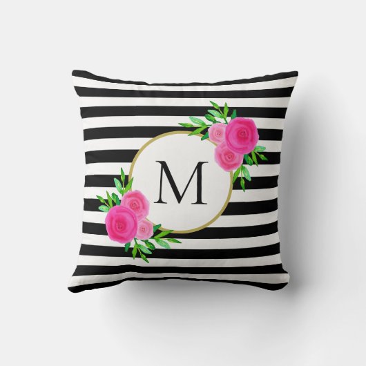 白黒ストライプ水彩ピンクフローラモノグラム クッション (裏面)