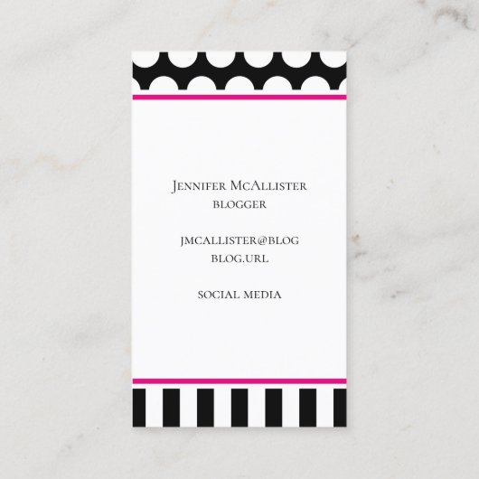 白黒ストライプ水玉模様ホットピンクモノグラム 名刺 (裏面)