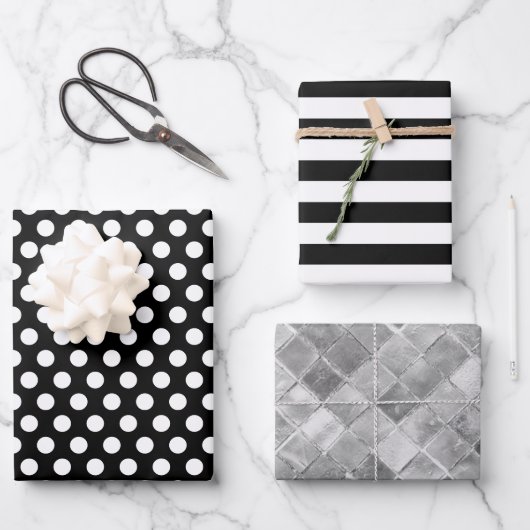 白黒ストライプ水玉模様銀箔 ラッピングペーパーシート (正面)