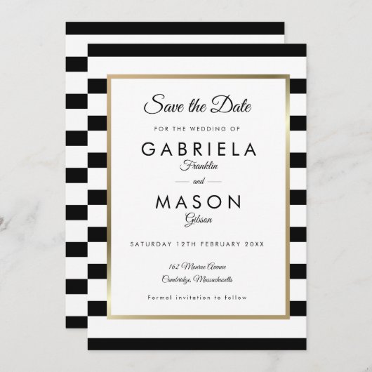 白黒ストライプ結婚の セーブザデート (正面/裏面)