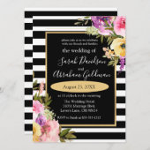 白黒ストライプ花バラ結婚のInv 招待状 (正面/裏面)