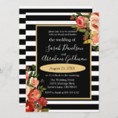 白黒ストライプ花バラ結婚のInv 招待状 (正面/裏面)