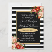 白黒ストライプ花バラ結婚のInv 招待状 (正面)