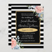 白黒ストライプ花バラ結婚のInv 招待状 (正面/裏面)
