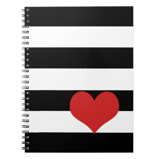 白黒ストライプ赤いハート ノートブック (正面)