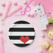 白黒ストライプ赤いハート ペーパープレート (パーティー)