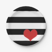 白黒ストライプ赤いハート ペーパープレート (正面)