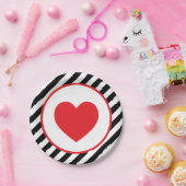 白黒ストライプ赤いハート ペーパープレート (パーティー)