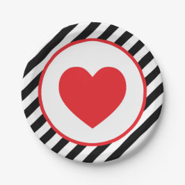 白黒ストライプ赤いハート ペーパープレート