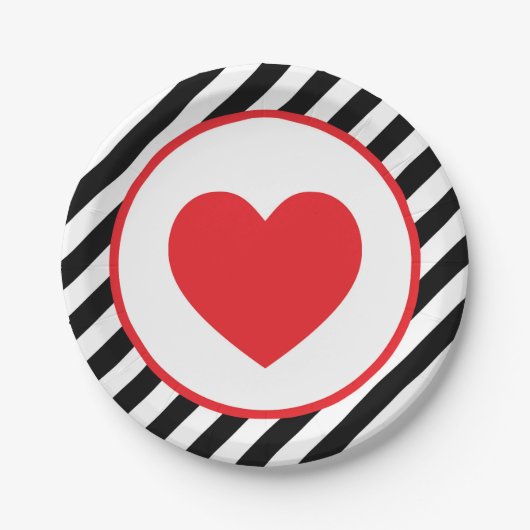 白黒ストライプ赤いハート ペーパープレート (正面)