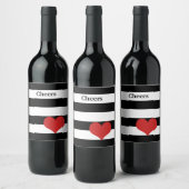白黒ストライプ赤いハート ワインラベル (ボトル)