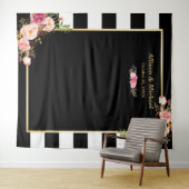 白黒ストライプ赤面フローラ結婚の背景 タペストリー (インサイチュ(横))