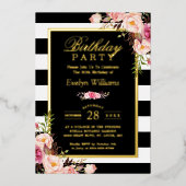 白黒ストライプ赤面フローラ誕生日パーティー 箔招待状 (正面)