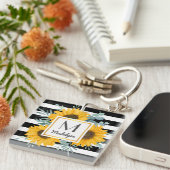 白黒ストライプ金ゴールドひまわりパーソナライズされた キーホルダー (正面右)