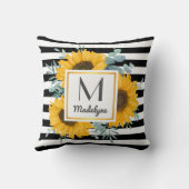 白黒ストライプ金ゴールドひまわりパーソナライズされた クッション (裏面)