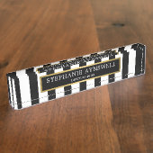 白黒ストライプ金ゴールドパーソナライズされた デスクネームプレート (側面)