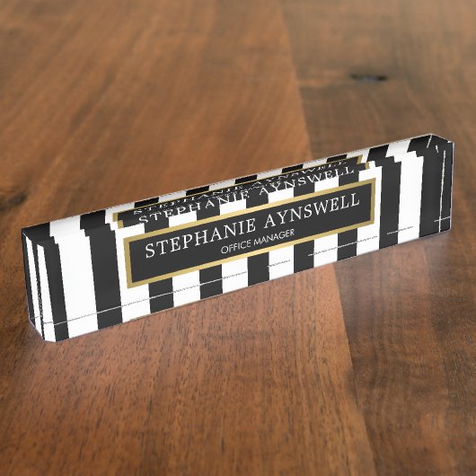 白黒ストライプ金ゴールドパーソナライズされた デスクネームプレート (側面)