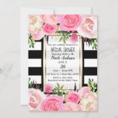 白黒ストライプ金ゴールドピンクフローラブライダルシャワー 招待状 (正面)