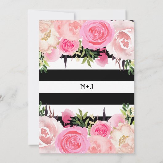 白黒ストライプ金ゴールドピンクフローラブライダルシャワー 招待状 (裏面)