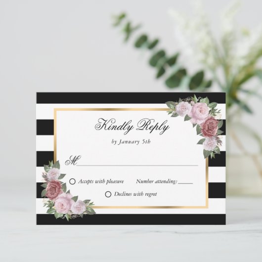 白黒ストライプ金ゴールドピンク赤面フローラ結婚ズ 出欠カード (スタンド正面)