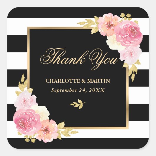 白黒ストライプ金ゴールドフローラ結婚ズサンキュー スクエアシール (正面)