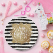 白黒ストライプ金ゴールドホイルフェイククリスマス ペーパープレート (パーティー)