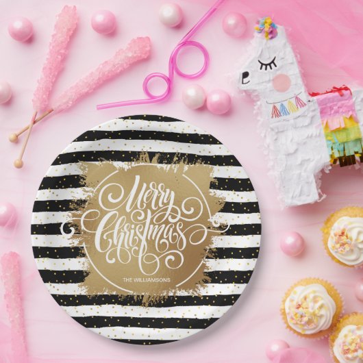 白黒ストライプ金ゴールドホイルフェイククリスマス ペーパープレート (パーティー)