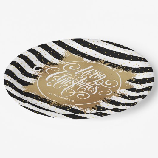 白黒ストライプ金ゴールドホイルフェイククリスマス ペーパープレート (アングル)