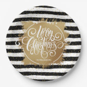 白黒ストライプ金ゴールドホイルフェイククリスマス ペーパープレート (正面)