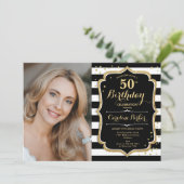 白黒ストライプ金ゴールド写真50誕生日 招待状 (スタンド正面)