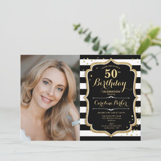 白黒ストライプ金ゴールド写真50誕生日 招待状 (スタンド正面)