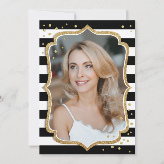 白黒ストライプ金ゴールド写真50誕生日 招待状 (裏面)