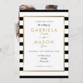 白黒ストライプ金ゴールド写結婚真 招待状 (正面/裏面)