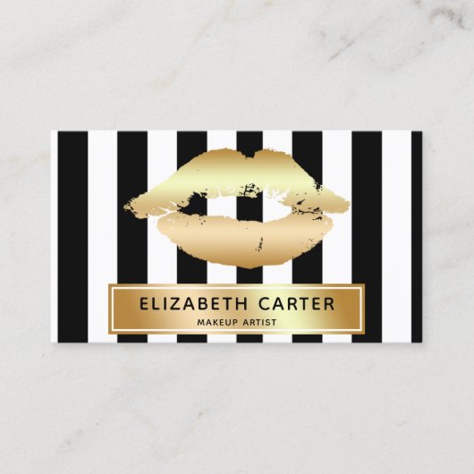 白黒ストライプ金ゴールド口紅メイクアップアーティスト 名刺 (正面)