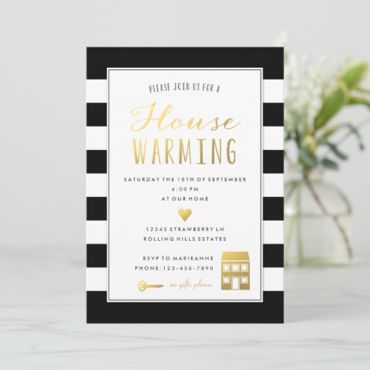白黒ストライプ金ゴールド引っ越し祝いパーティーパーティー 招待状 (スタンド正面)