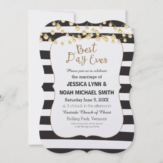 白黒ストライプ金ゴールド最高のデイ 招待状 (正面)