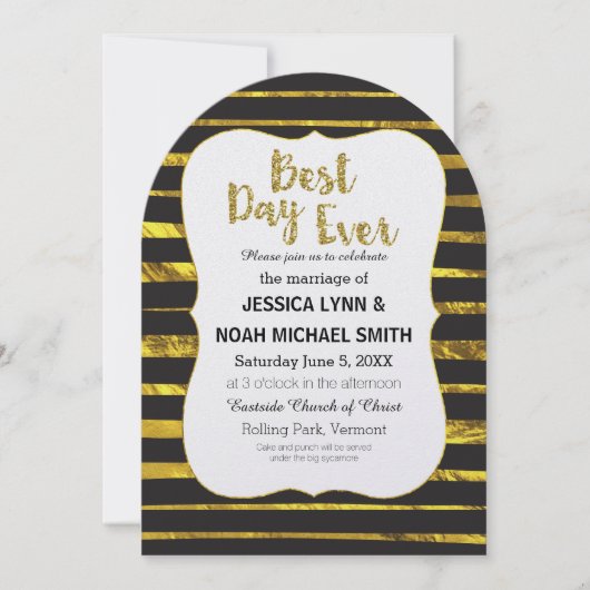 白黒ストライプ金ゴールド最高のデイ 招待状 (正面)
