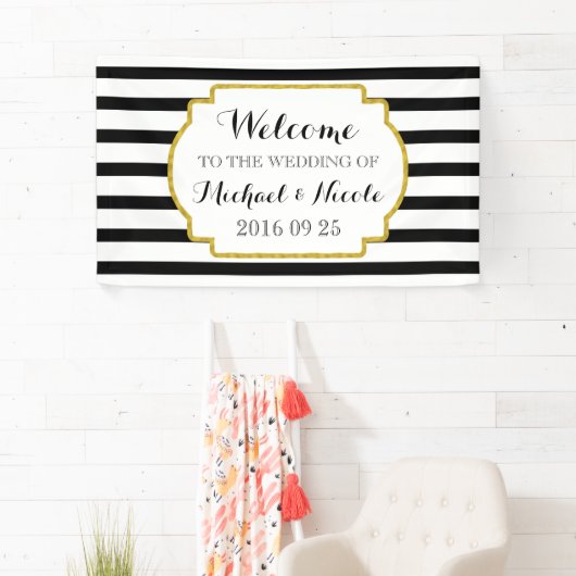 白黒ストライプ金ゴールド結婚のウェルカムサイン 横断幕 (インサイチュ)