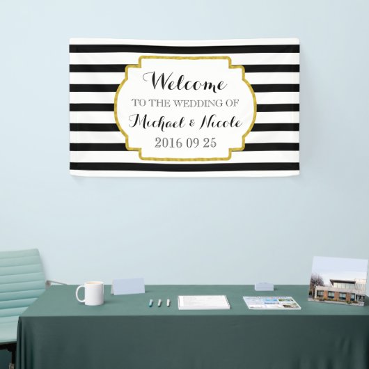 白黒ストライプ金ゴールド結婚のウェルカムサイン 横断幕 (トレードショー)