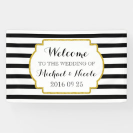 白黒ストライプ金ゴールド結婚のウェルカムサイン 横断幕