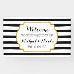 白黒ストライプ金ゴールド結婚のウェルカムサイン 横断幕