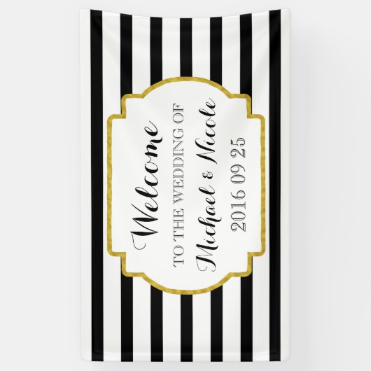 白黒ストライプ金ゴールド結婚のウェルカムサイン 横断幕 (縦)