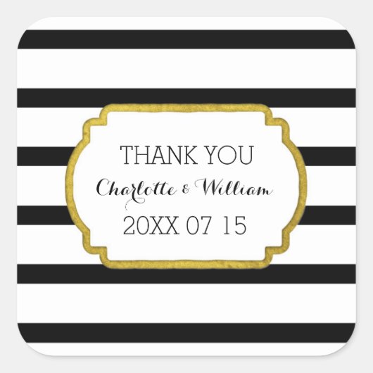 白黒ストライプ金ゴールド結婚式の引き出物ラベル スクエアシール (正面)