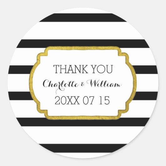 白黒ストライプ金ゴールド結婚式の引き出物ラベル ラウンドシール (正面)