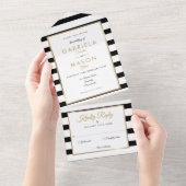 白黒ストライプ金ゴールド結婚 オールインワン招待状 (貼ってはがせる)