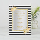 白黒ストライプ金ゴールド花束誕生日 招待状 (スタンド正面)